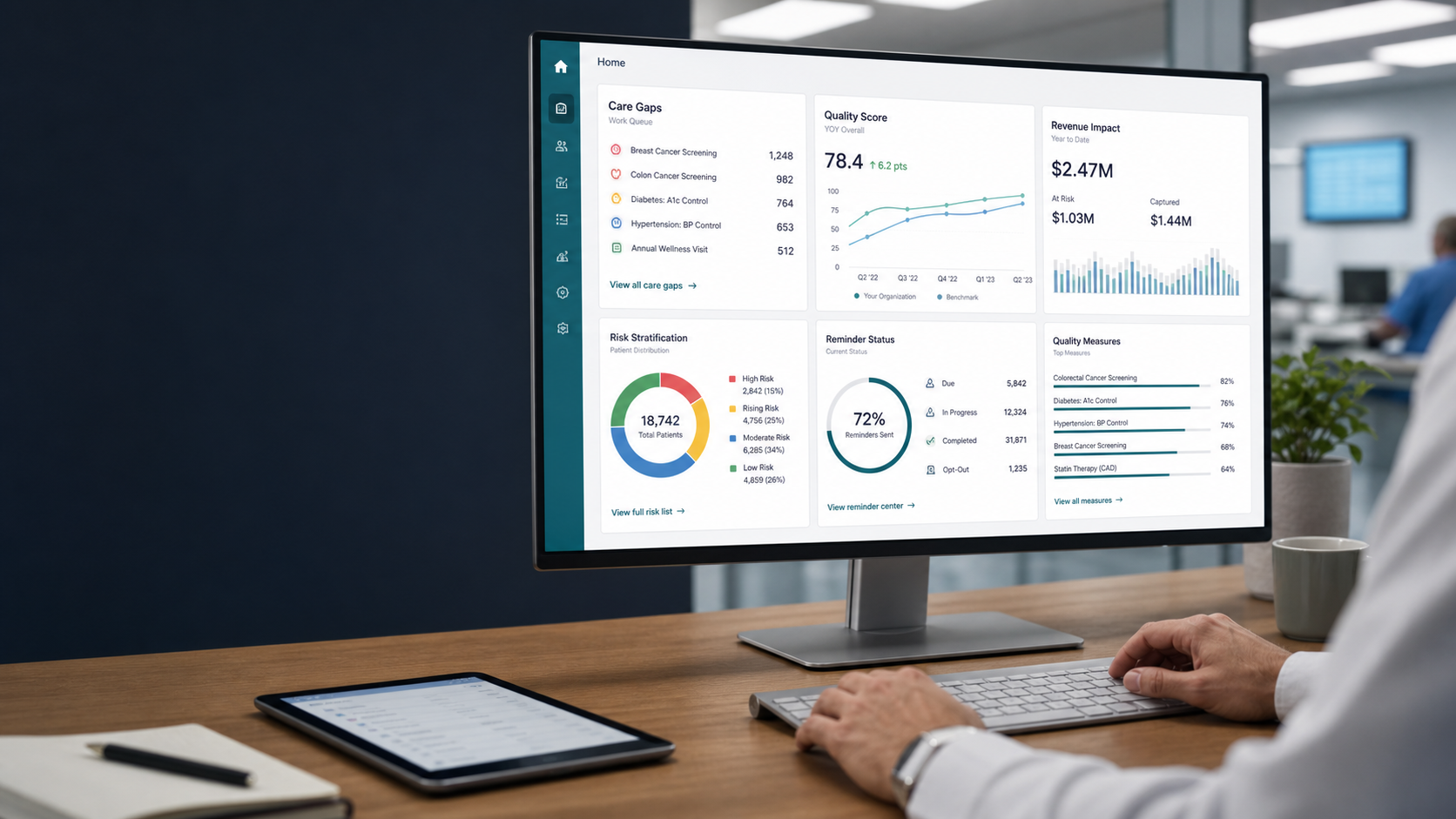 Care operations dashboard displayed in a clinical office